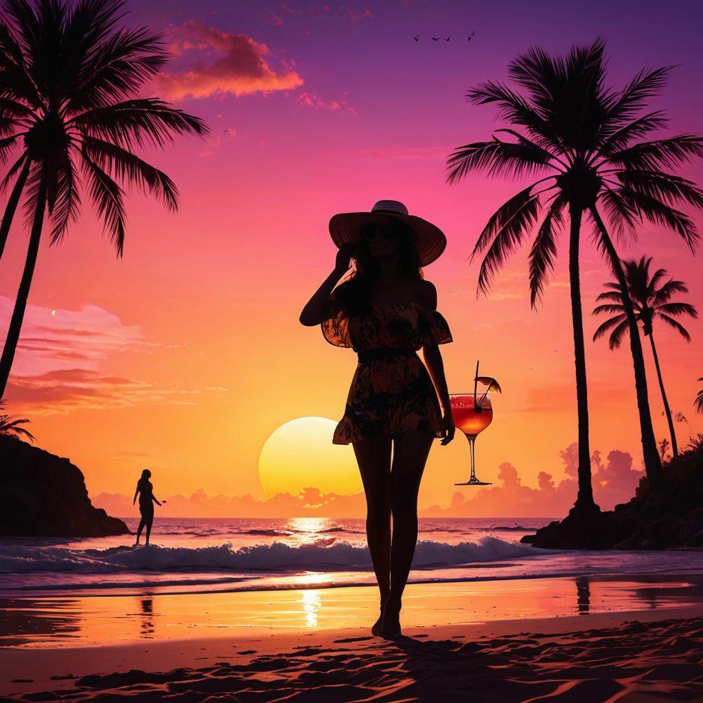 A vibrant beach scene transitioning into a lively nightlife atmosphere. Show a stylish beachgoer in trendy summer attire, with accessories like sunglasses and a beach hat, holding a cocktail. In the background, a sunset over the ocean fades into a bustling nightlife with glowing lights, dancing silhouettes, and palm trees swaying. Capture the essence of summer vibes blending beach fashion with nightlife excitement. super-realistic. vibrant colors.